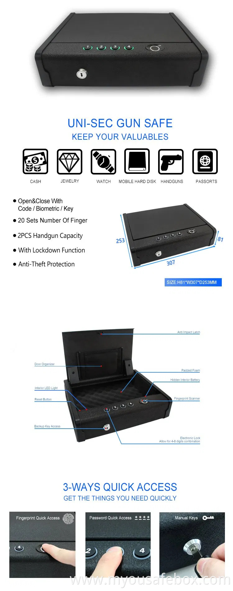 Uni-Sec Electronic Pistol Safe Rifle Fingerprint Gun Safe Biometric Handgun Safe for Weapon Factory in China (USPS-8130F)
